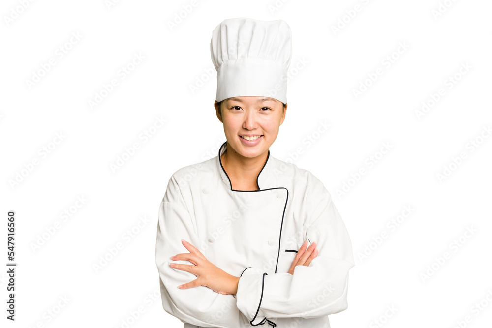 Young asian cook woman isolated laughing and having fun.