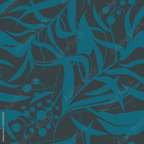 Floral seamless pattern with silhouettes of flowers, leaf, berries. Vector line art for textile print, greeting cards, gift wrapping paper, scrapbooking. Blue and dark gray colors. Ornate background