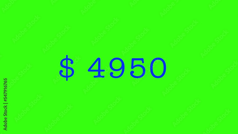 Countup Dollars up to 10000 on chroma key green screen background. Animated business and commerce element. Rich and success animation concept