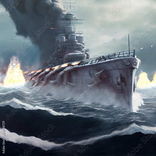 Leinwand Poster the battleship drifts and burns in a stormy sea