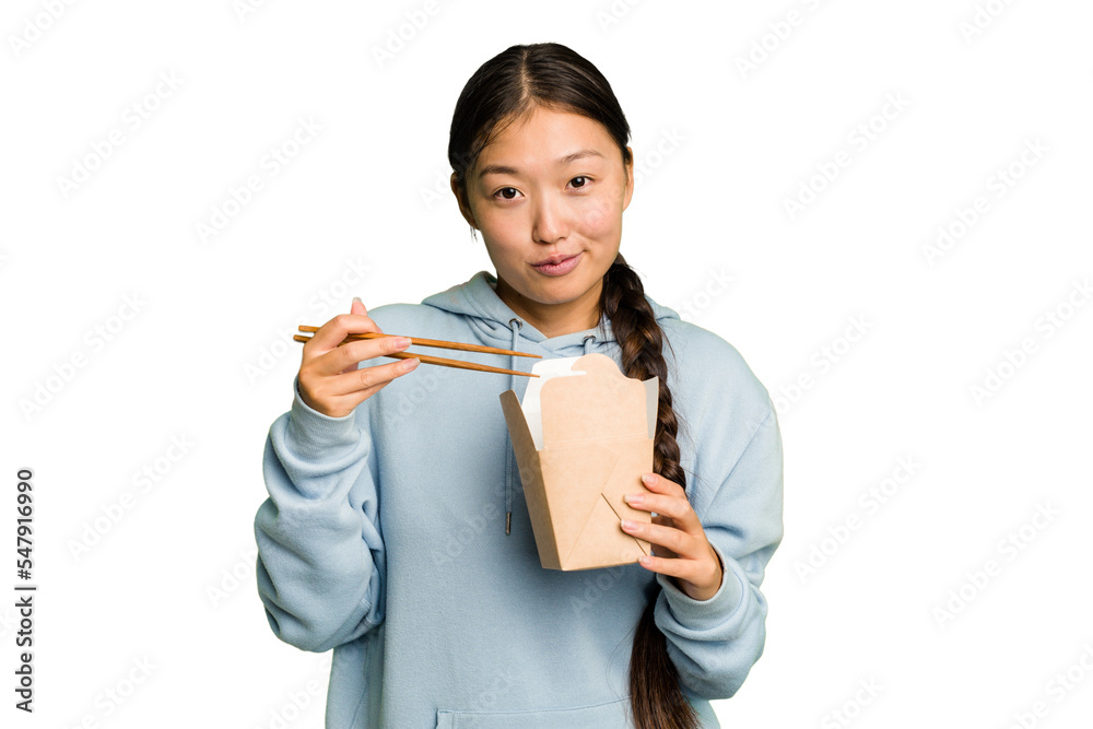 Young asian woman eating takeaway ramen isolated Young asian woman eating takeaway ramen isolated