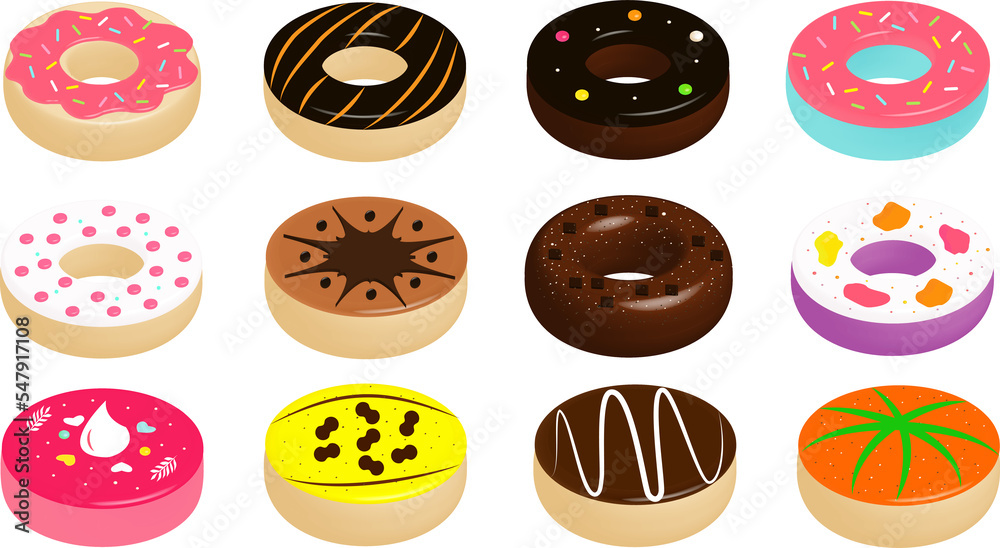 Donuts set various glaze illustration isolated on white background