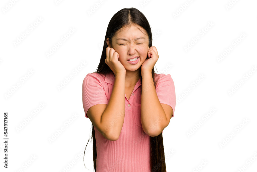 Young Asian woman isolated covering ears with hands. Young Asian woman isolated covering ears with hands.