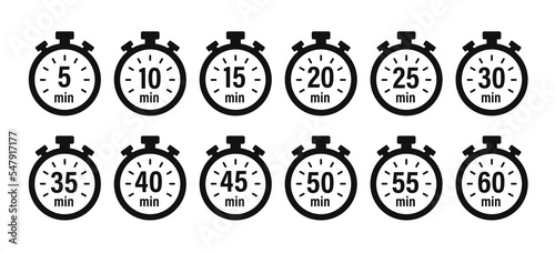 10, 15, 20, 25, 30, 35, 40, 45, 50 min, Timer, clock, stopwatch isolated set icons. Great design for any purpose. Vector illustration