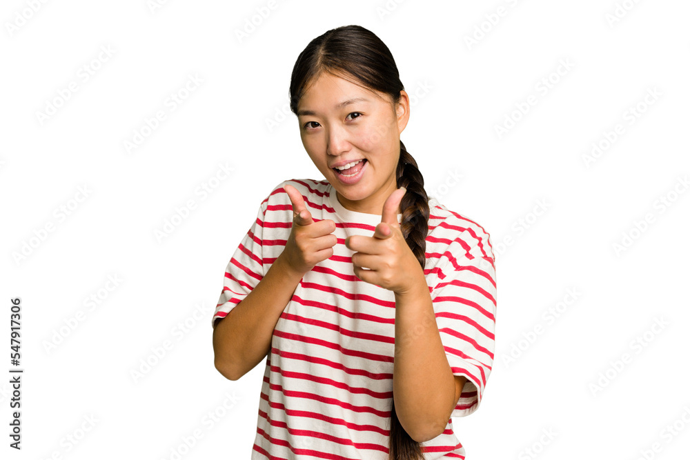 Young Asian woman isolated pointing to front with fingers.