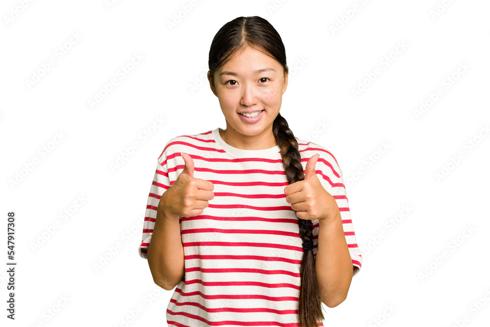 Young Asian woman isolated smiling and raising thumb up Young Asian woman isolated smiling and raising thumb up