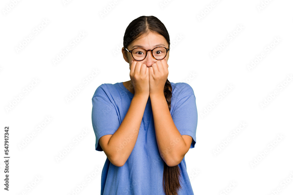 Young Asian woman isolated biting fingernails, nervous and very anxious. Young Asian woman isolated biting fingernails, nervous and very anxious.