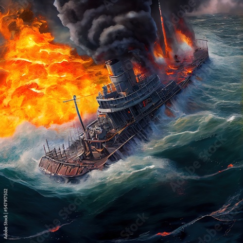 Fotobehang the battleship drifts and burns in a stormy sea