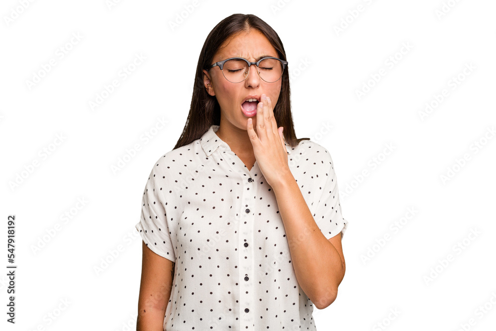 Young cute caucasian woman isolated yawning showing a tired gesture covering mouth with hand. Young cute caucasian woman isolated yawning showing a tired gesture covering mouth with hand.