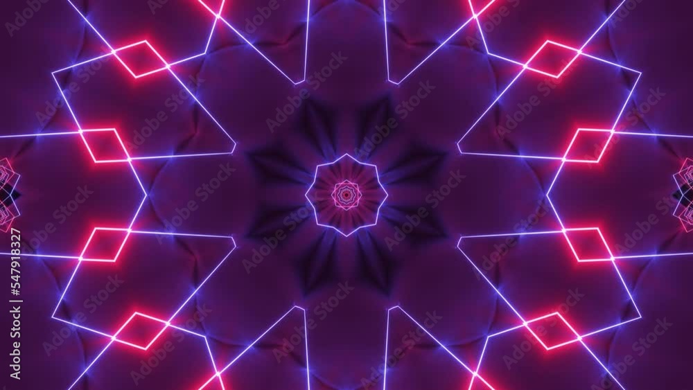 Bright psychedelic mirror pattern with neon glowing lines. Abstract neon glowing geometric mosaic in futuristic design. Modern vj loop night club or party background