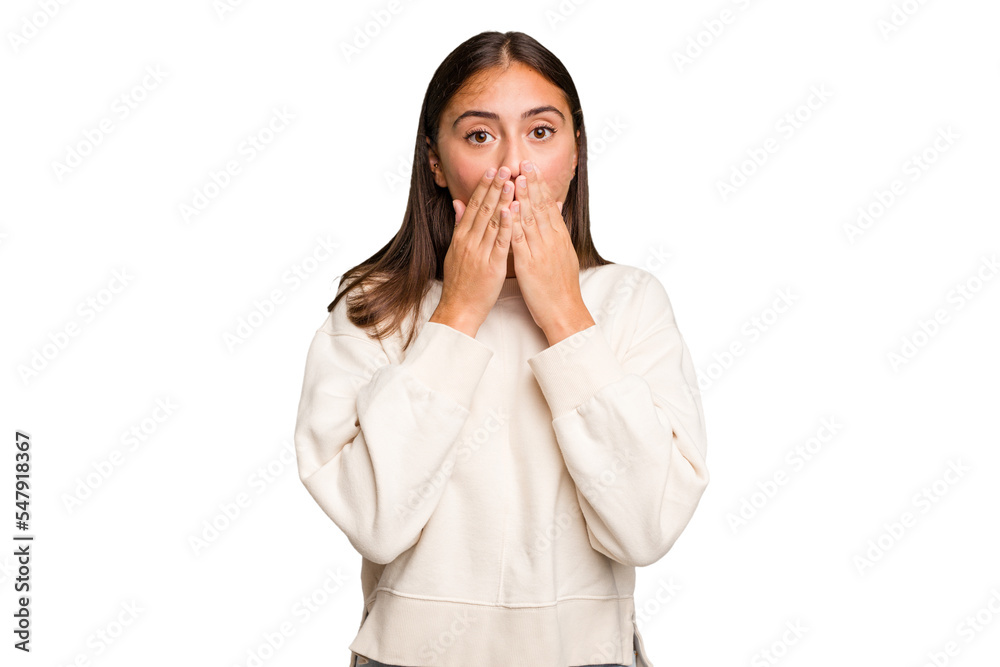 Young cute caucasian woman isolated thoughtful looking to a copy space covering mouth with hand. Young cute caucasian woman isolated thoughtful looking to a copy space covering mouth with hand.