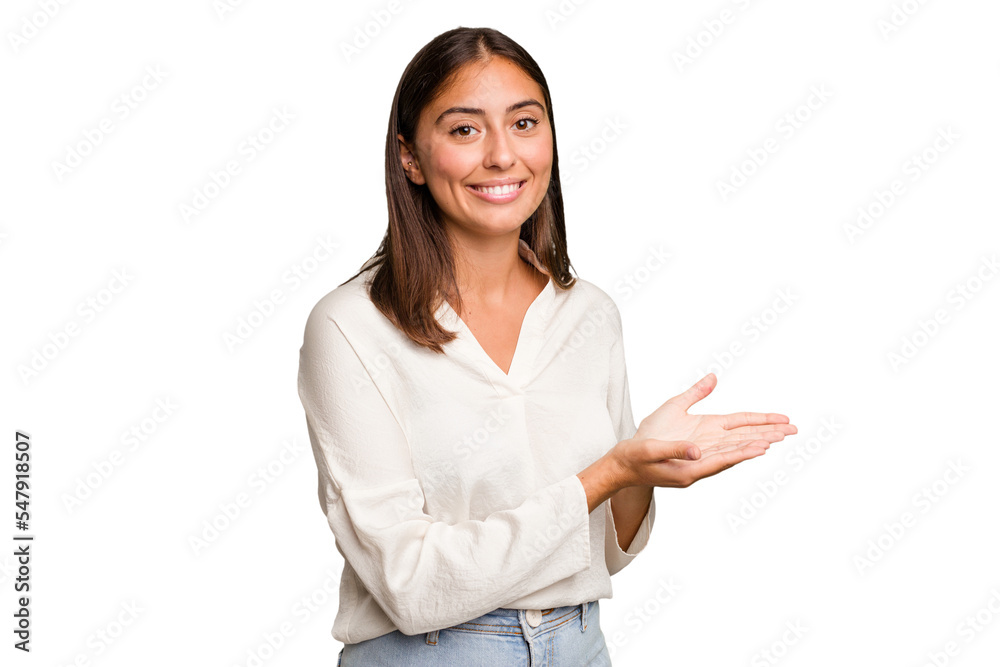 Young cute caucasian woman isolated holding a copy space on a palm. Young cute caucasian woman isolated holding a copy space on a palm.