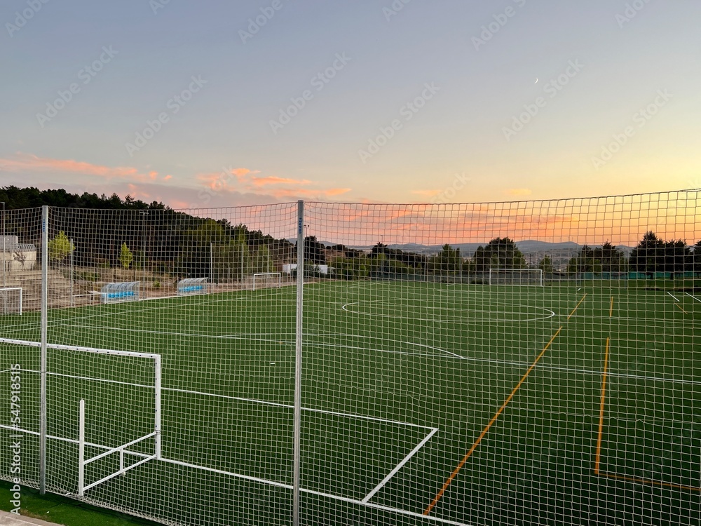Fototapeta premium Soccer field background with a shallow depth of field on a beautiful summer day