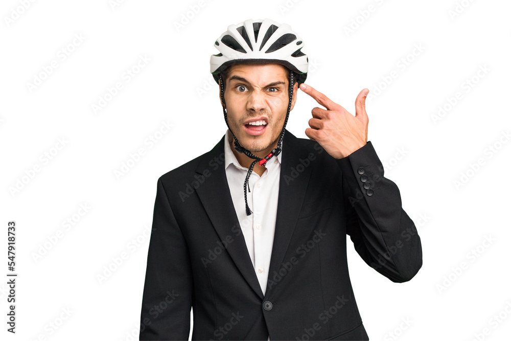 Business Caucasian man wearing a bike helmet isolated showing a disappointment gesture with forefinger. Business Caucasian man wearing a bike helmet isolated showing a disappointment gesture with forefinger.