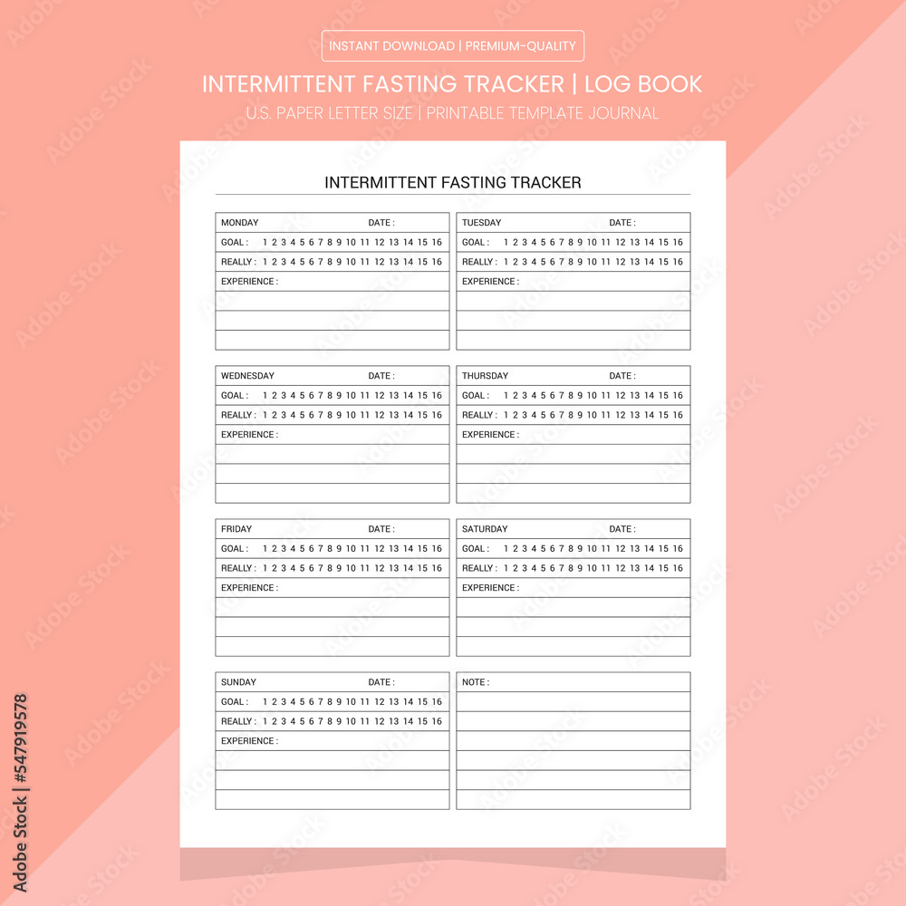Fototapeta premium Intermittent Fasting Tracker | Fasting Log | Diary Journal | Notebook Printable Template