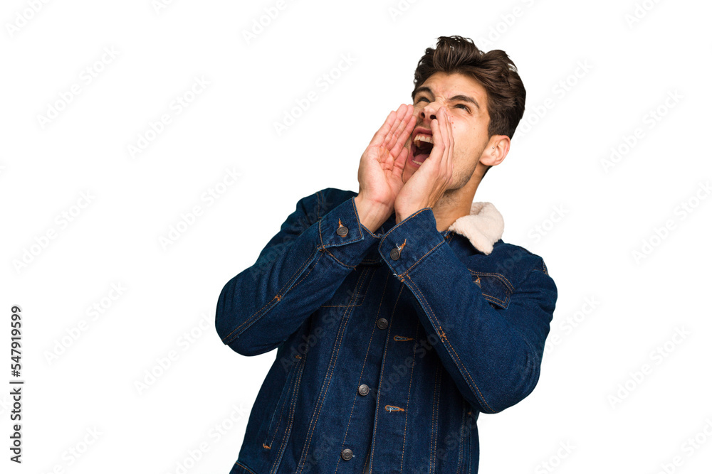 Young caucasian handsome man isolated shouting excited to front. Young caucasian handsome man isolated shouting excited to front.