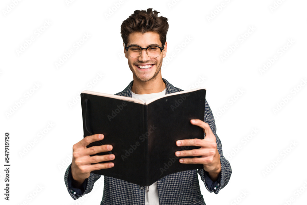 Young teacher caucasian man holding a book isolated Young teacher caucasian man holding a book isolated