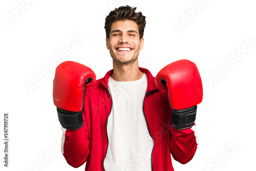 Young caucasian man practicing boxeo isolated