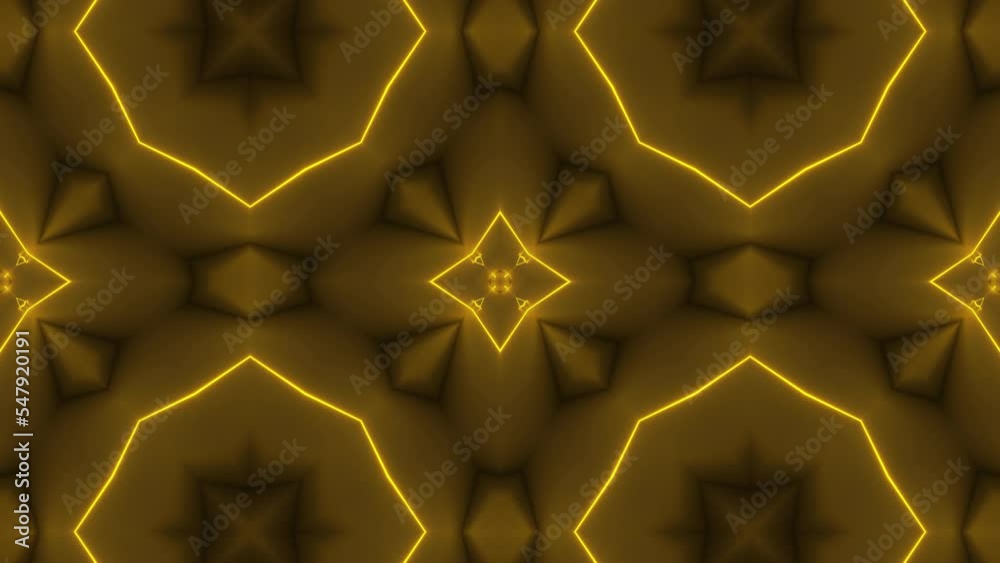 Bright mirror pattern with neon glowing lines. Abstract neon glowing psychedelic mosaic in futuristic design. Modern vj loop night club or party geometric background