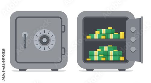 Closed bank safe and open safe with money and gold coins. Vector.