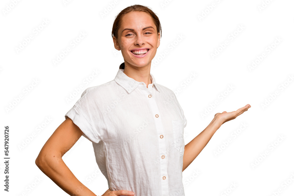 Young caucasian woman isolated showing a welcome expression. Young caucasian woman isolated showing a welcome expression.