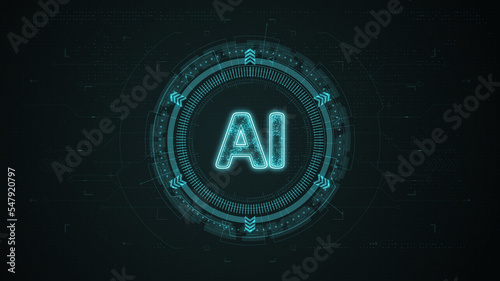 Blue digital AI logo with rotation HUD circle technology interface and futuristic elements abstract background