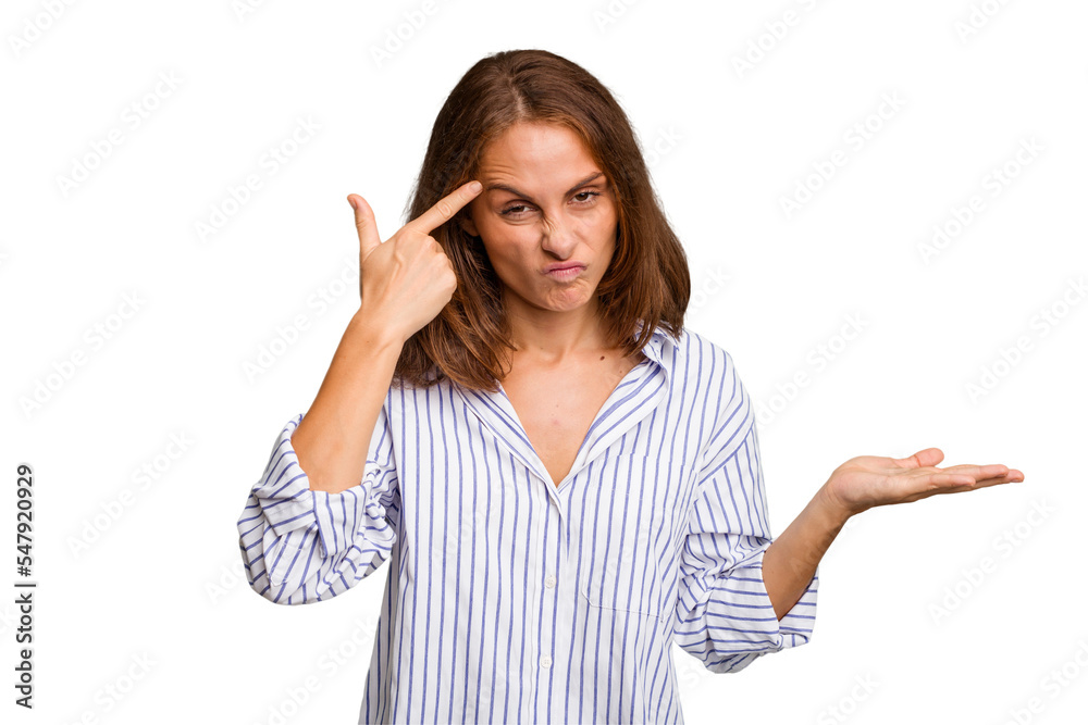 Young caucasian woman isolated showing a disappointment gesture with forefinger. Young caucasian woman isolated showing a disappointment gesture with forefinger.