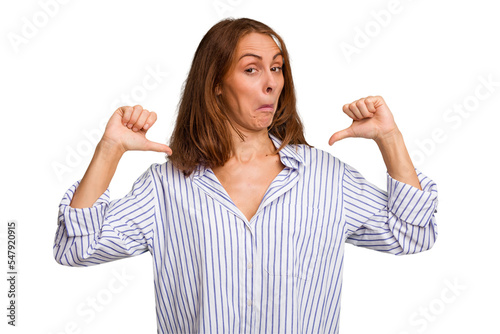 Fotografie Young caucasian woman isolated feels proud and self confident, example to follow