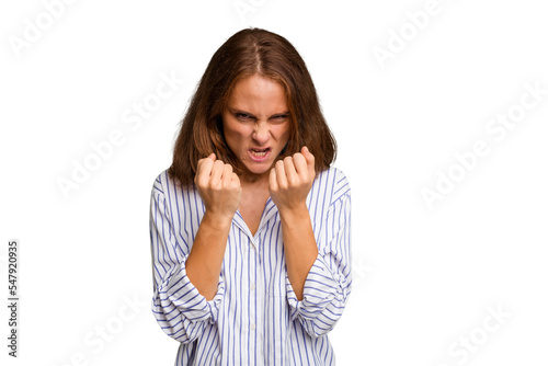 Young caucasian woman isolated upset screaming with tense hands.