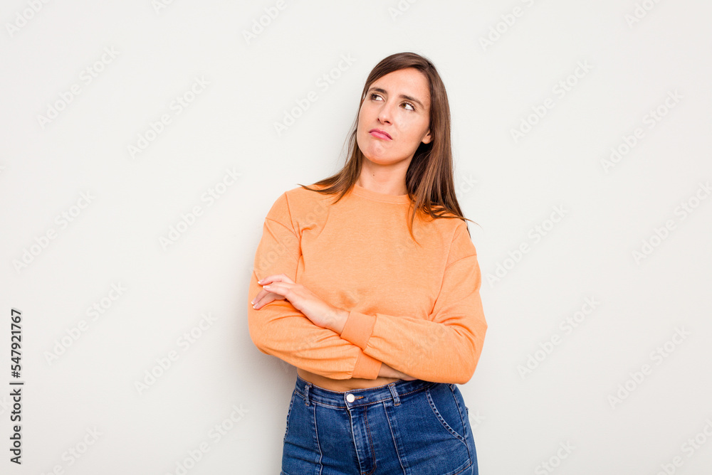Young caucasian cute woman isolated on white background dreaming of achieving goals and purposes Young caucasian cute woman isolated on white background dreaming of achieving goals and purposes