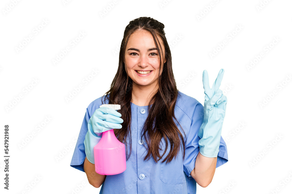 Young cleaner caucasian woman isolated on green chroma background showing number two with fingers. Young cleaner caucasian woman isolated on green chroma background showing number two with fingers.