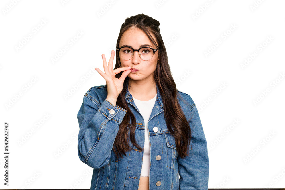 Young caucasian woman isolated on green chroma background with fingers on lips keeping a secret. Young caucasian woman isolated on green chroma background with fingers on lips keeping a secret.