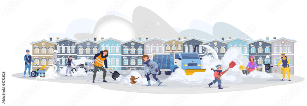 Snow removing in the city. Snow plow cleaning the snowy road. Men, women children cleaning the sidewalk from with shovels and snow blower. Snow drifts in the streets. Horizontal. Flat vector  - obrazy, fototapety, plakaty 