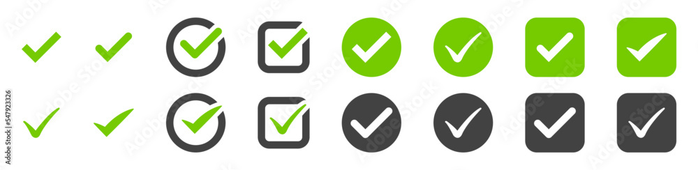 Check mark icon. Tick symbol set. Green and gray checkmark icons. Vector illustration. Check mark icon. Tick symbol set. Green and gray checkmark icons. Vector illustration.
