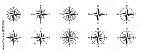 Compass icon set. Set of wind rose icons. Compass symbol collection. Vector illustration.