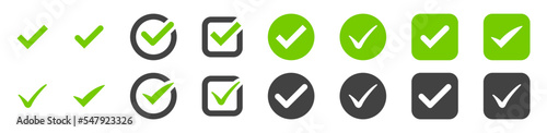Check mark icon. Tick symbol set. Green and gray checkmark icons. Vector illustration.