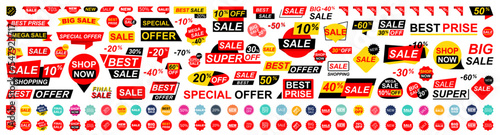 Sale tags collection. Super sale badges and labels. Set ribbon banner and label sticker sale. Template banner shopping badges. Special offer, big sale, discount, best price, mega sale banner set.