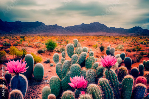 Desert landscape with blooming cacti and a line of mountains on the horizon. Californian or Mexican landscape.