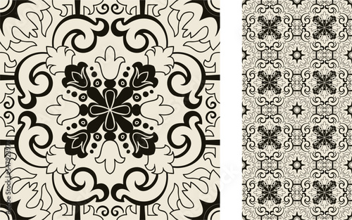 Seamless Azulejo tile. Portuguese and Spain decor. Ceramic tile. Seamless Floral pattern. Vector hand drawn illustration, typical portuguese and spanish tile