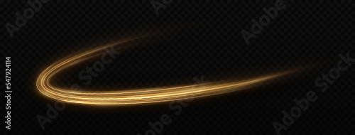 Golden sparkle lines on transparent background. Glitter trail effect. Luminous round wave with light effect.