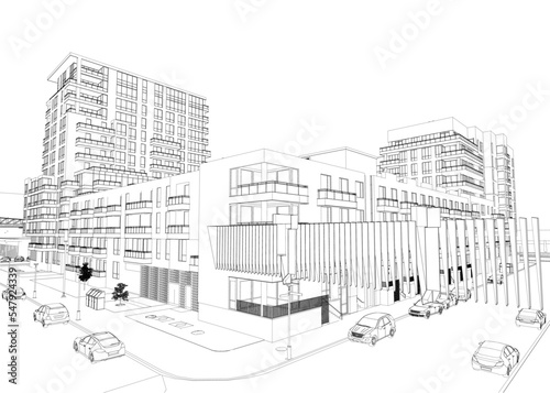 Outline of the city with houses  streets and cars from black lines isolated on a white background. Perspective view. 3D. Vector illustration.