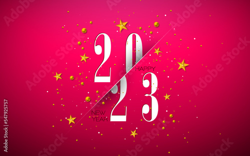 Happy New Year 2023 Illustration with Number and Gold Stari on Red Background. Vector Christmas Holiday Season Design for Flyer, Greeting Card, Banner, Celebration Poster, Party Invitation or Calendar