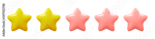 Two golden stars of five, review or feedback from client. Isolated icon of evaluation field with 2 out of 5 points. Bad service or product. Vector in three dimensional 3d style