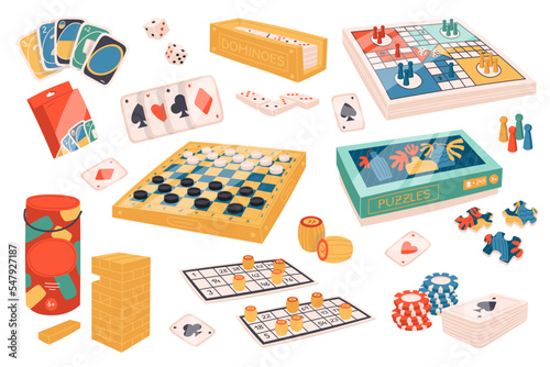 Board games flat icons set. Different games for friends. Puzzles, jenga, monopoly, poker, casino, dominoes, uno and chess. Entertainment activities. Color isolated illustrations © Mykola Syvak
