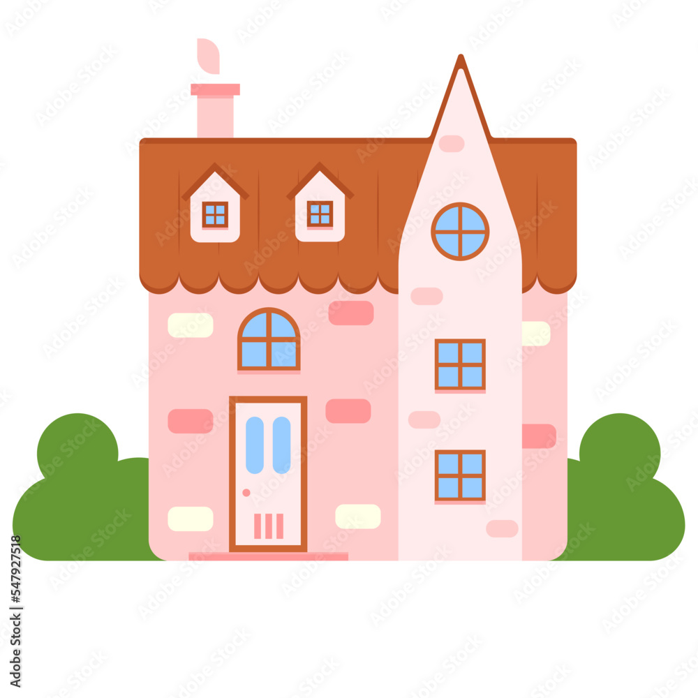 Cute illustration of a cartoon bright pink house  facade, cottage country. Vector illustration