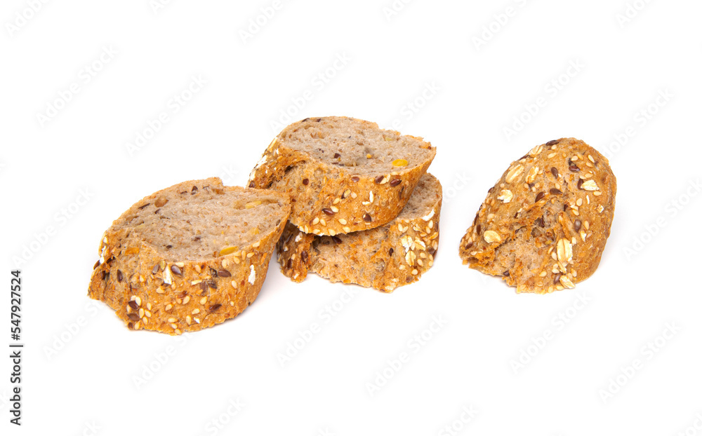 Multigrain bread baguette slices isolated on white background Multigrain bread baguette slices isolated on white background