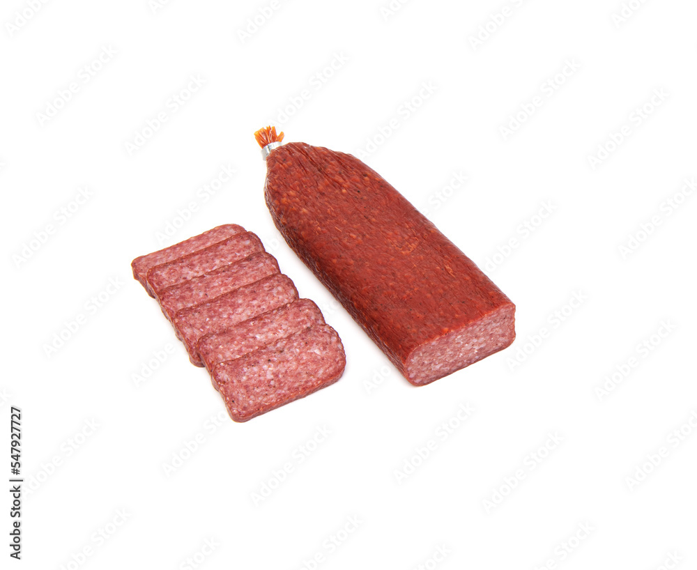 Salami sausage with pork and wild boar isolated on white background Salami sausage with pork and wild boar isolated on white background
