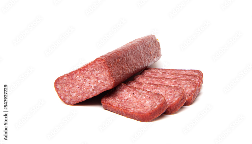 Salami sausage with pork and wild boar isolated on white background