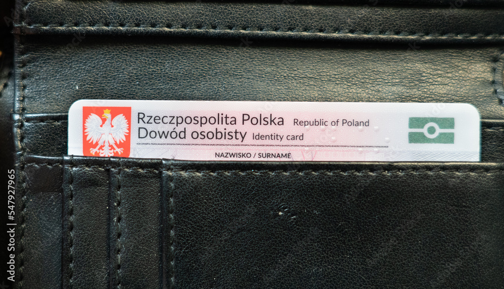 Dowód osobisty, Polish ID card (Identity Card) in black wallet. Polish emblem eagle on a red background. National identity card in Poland - obrazy, fototapety, plakaty 