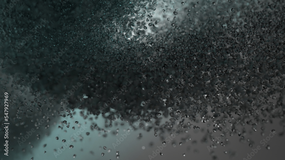 3D rendering of cluster of crystal beads or droplets of water in dark environment. An abstract background